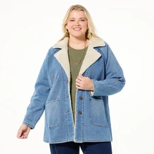 DG2 by Diane Gilman Vintage Style Denim Sherpa Coat Chambray L New