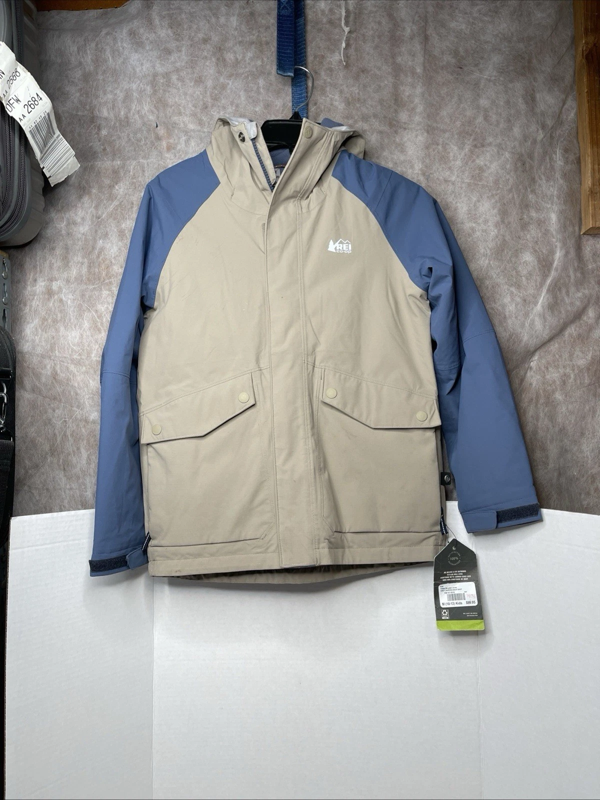 REI Jacket Kid Medium 10-12 Timber Mountain Insulated Camp Waterproof Taupe/navy