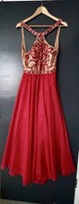 Sherri Hill Red Gold Beaded Embroidered Halter A-Line Long Dress Size 6