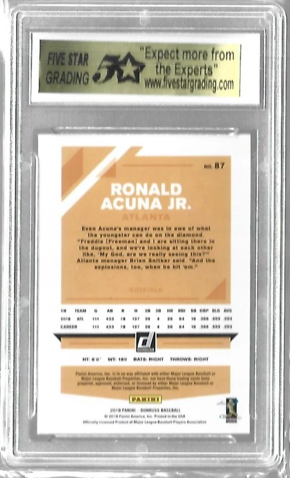 Ronald Acuna JR.   2019 Donruss Baseball  #87  FIVE STAR CERTIFIED AUTOGRAPH - Image 2 of 2