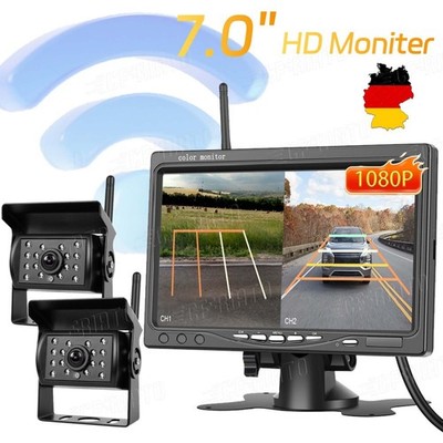 7'' LCD Monitor Rückfahrkamera Set + 2xFUNK Kabellos Rückseiten Kamera Bus LKW