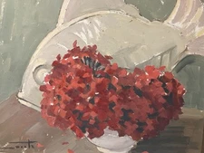 Oil On Panel Period Art Deco Still Life Aux Flowers And Choose Fish C.1925