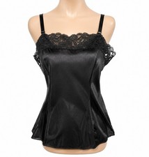 Lorraine Vintage Floral Lace Trimmed Camisole Sz 36 Adj Straps USA Made Black