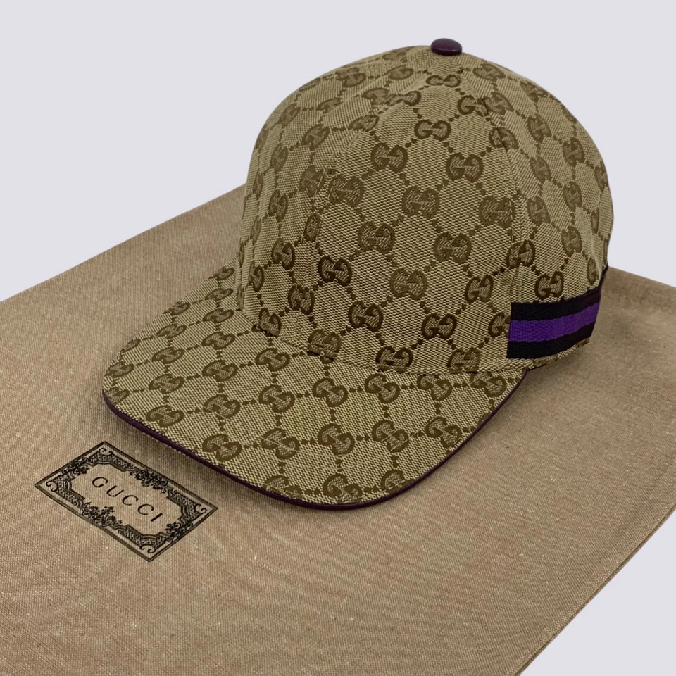 Boné de beisebol Gucci GG monograma roxo listra de teia bege tamanho M - Imagem 2 de 4
