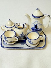 Windmill Blue White Porcelain Dollhouse Holland 10 Pc Miniature Tea Set