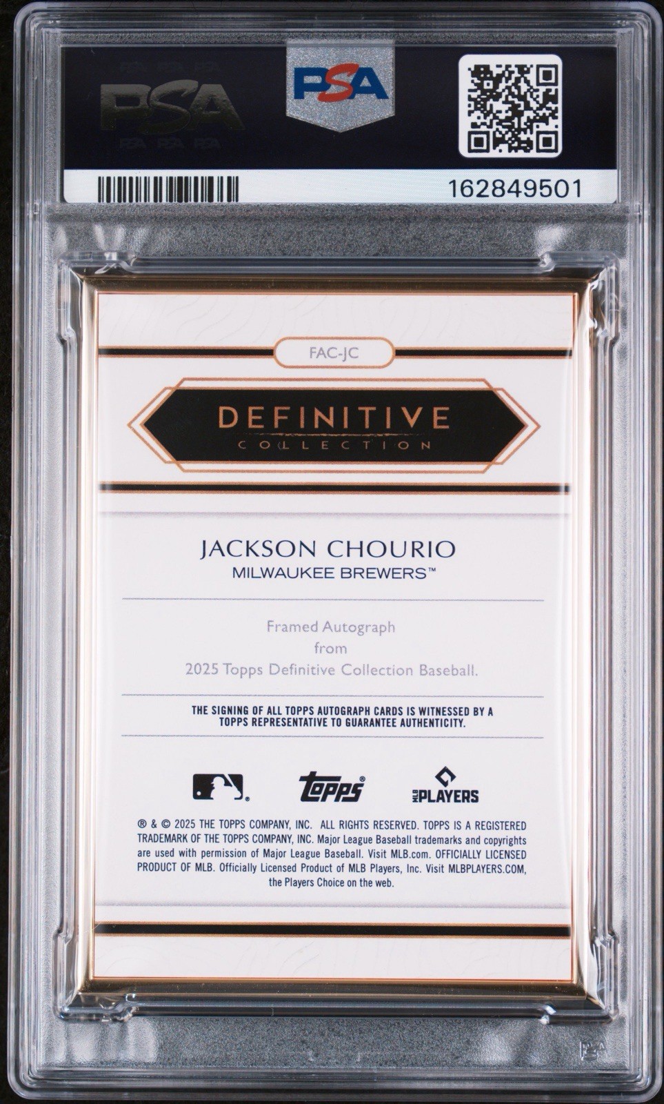 2025 TOPPS DEFINITIVE COLLECTION FRAMED COLLECTION JACKSON CHOURIO AUTO /25 PSA9 view 2