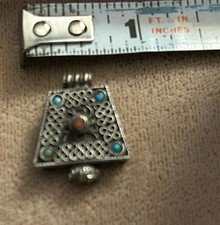Vintage Sterling Silver Coral & Turquoise Tibetan Pill Stash Box Pendant