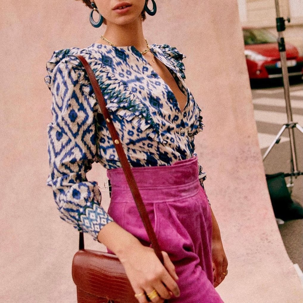 Sezane Boby Blouse Blue Ikat S 36 Women Printed Ruffle Shirt Boho Top NWT 45356