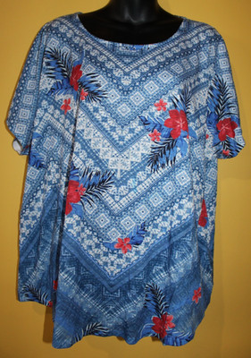 Ruby Rd. 2x Blue Tropical Floral Knit Summer Top Stud Details Split Sleeves