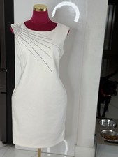 Calvin Klein White Sheath Dress Beaded Sleeveless Round Neck Zip Back S