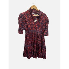 Gretchen Scott Wall of Secrets Dress Womens S Navy Red Damask Tiered Mini Boho