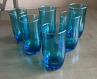 Set of 6 VINTAGE Anchor Hocking FLAIR BLUE LASER  Tumbler Drinking Glasses **