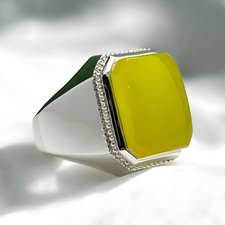 Natural Yemeni Yellow Agate 925 Sterling Silver Ring, Real Yellow Aqeeq Men Ring