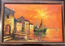 Pabolo Stirrat Vintage Sailboats in Harbor Oil Painting Original