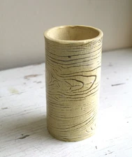Studio Pottery Art Vase Hand Built Slab Tube Stamped Faux Bois Print Beige 6.25"
