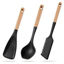 3 PCS Silicone Spatula Set Cooking Spoons Nonstick Cookware Wood Handle Black
