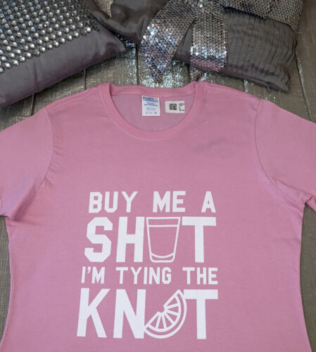 Port & Co. Women’s GET ME A SHOT I’M TYING THE KNOT T Shirt Married Hen Night - Picture 1 of 6