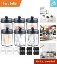 6 Pack Grey Apothecary Jars - Bathroom Vanity Organizer with Waterproof Labels