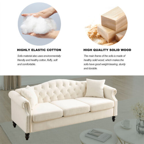 Chesterfield 3 Seater Velvet Sofa Button Tufted Couch with Nailhead Arms Pillows - Picture 5 of 18