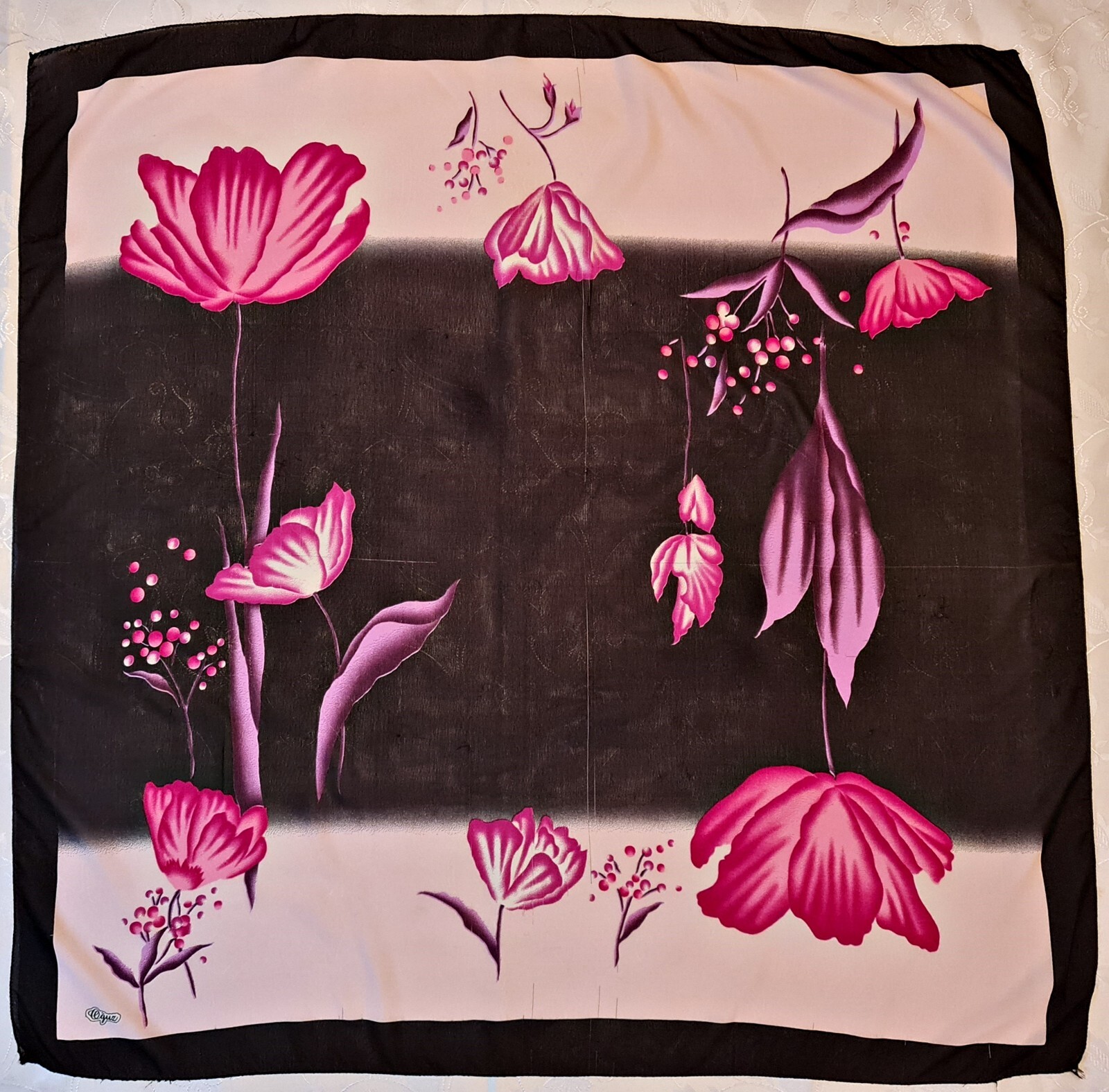Vintage Turkey Oguz Floral Art Pink Black Chiffon Scarf 38
