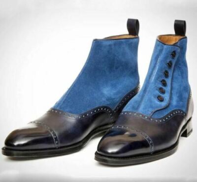 Herrenschuhe handgefertigt zweifarbig Knöchelknöpfe schwarz und blau elegante Stiefel
