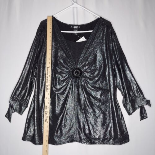 Studio 1940 Top Women 22/24 3X Black Metallic Gathered V-Neck Medallion Puff Tie - Picture 3 of 11