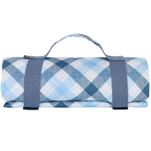 Sachi Reusable Picnic Rug Outdoor Blanket Mat w/ Carry Handle, Gingham Blue/Grey - Picture 5 of 6
