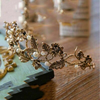 Vintage Gold Floral Leaf Pearl Tiara Headband Vintage Gold Leaf Crown Handmade Pearl Tiara Headband – HER SHOP main image 4