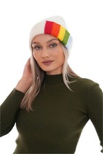 Women's Colorful Beanie With Pompom, in Rainbow Colors, Fun Winter Accessory