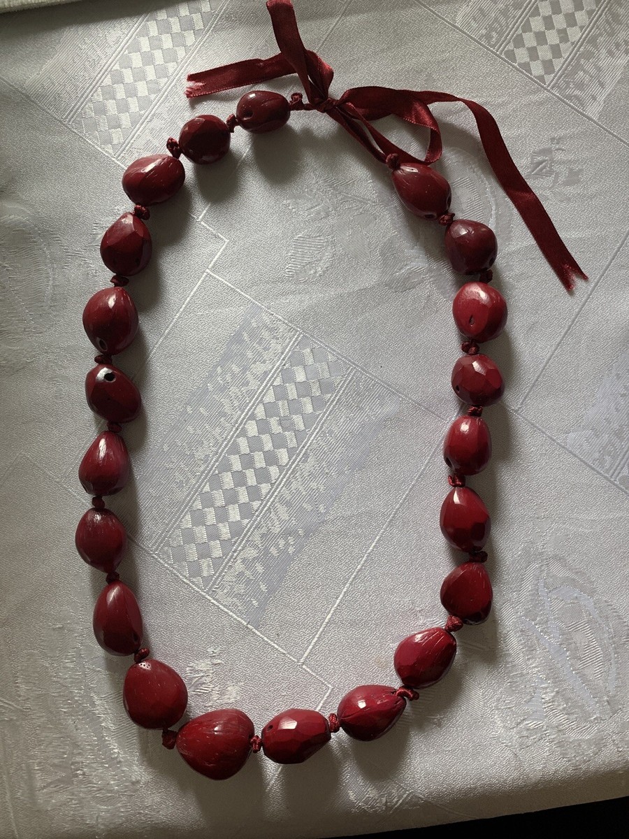 Wooden Cherry Red Burgundy Necklace Ribbon Tie At The Back Costume