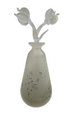Vtg Frosted Glass Perfume Bottle iridescent leaf w/ 3D Floral top/ stopper- L5