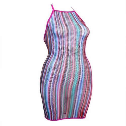 Mini abito da notte donna lingerie arcobaleno a rete babydoll elasticizzato chemise - Foto 3 di 11