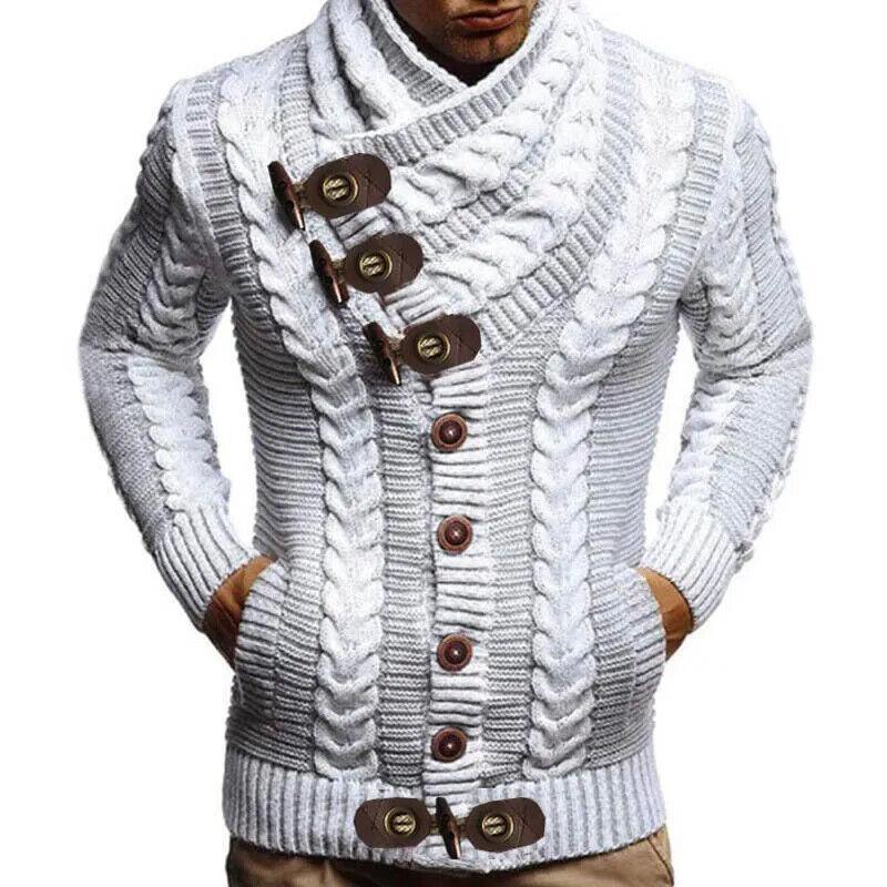Mens Turtleneck Sweater Cardigan Duffel Knitted Button Sweater