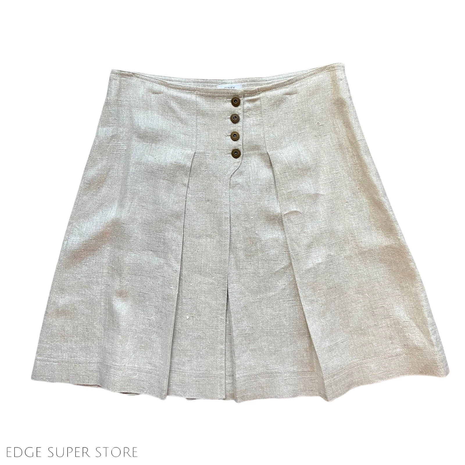Gunex Beige Linen A-Line Button Detail Pleated Side Zip Up Flare Skirt Size US 6