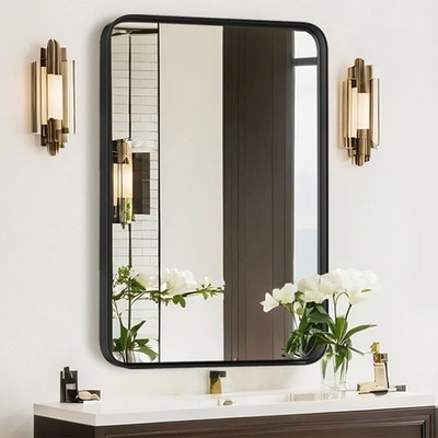 Large Bathroom Mirror 30x22 Inch Matte Black Metal Framed Rectangle Wall Mounted