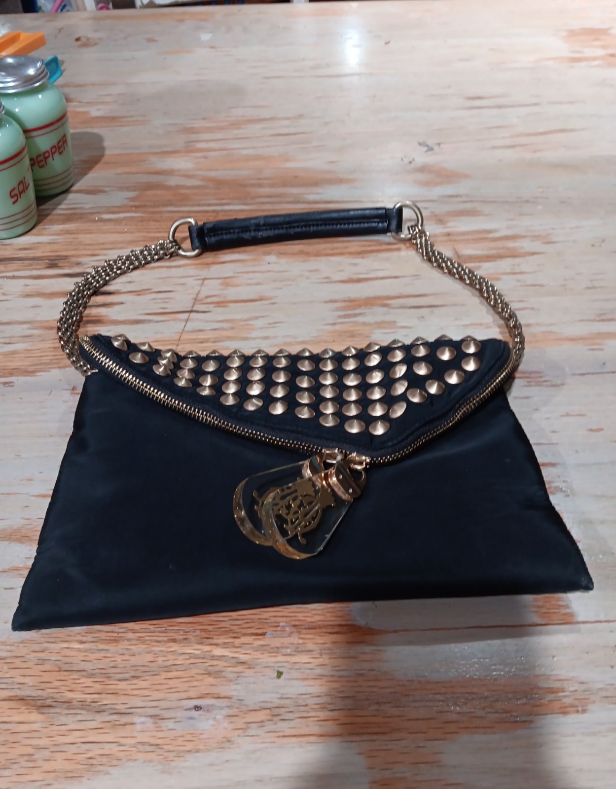 Christian Audigier Bitsey Envelope Clutch Purse Black Gold Studded Dust Cover