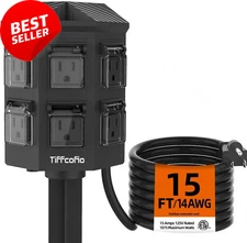 Outdoor Power Strip Weatherproof w/ 15FT Cord & Stake, 6 Outlets, 15A ETL Listed
