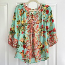 Fig and Flower Mint Green Red Floral Paisley Bohemian Peasant Blouse Size M