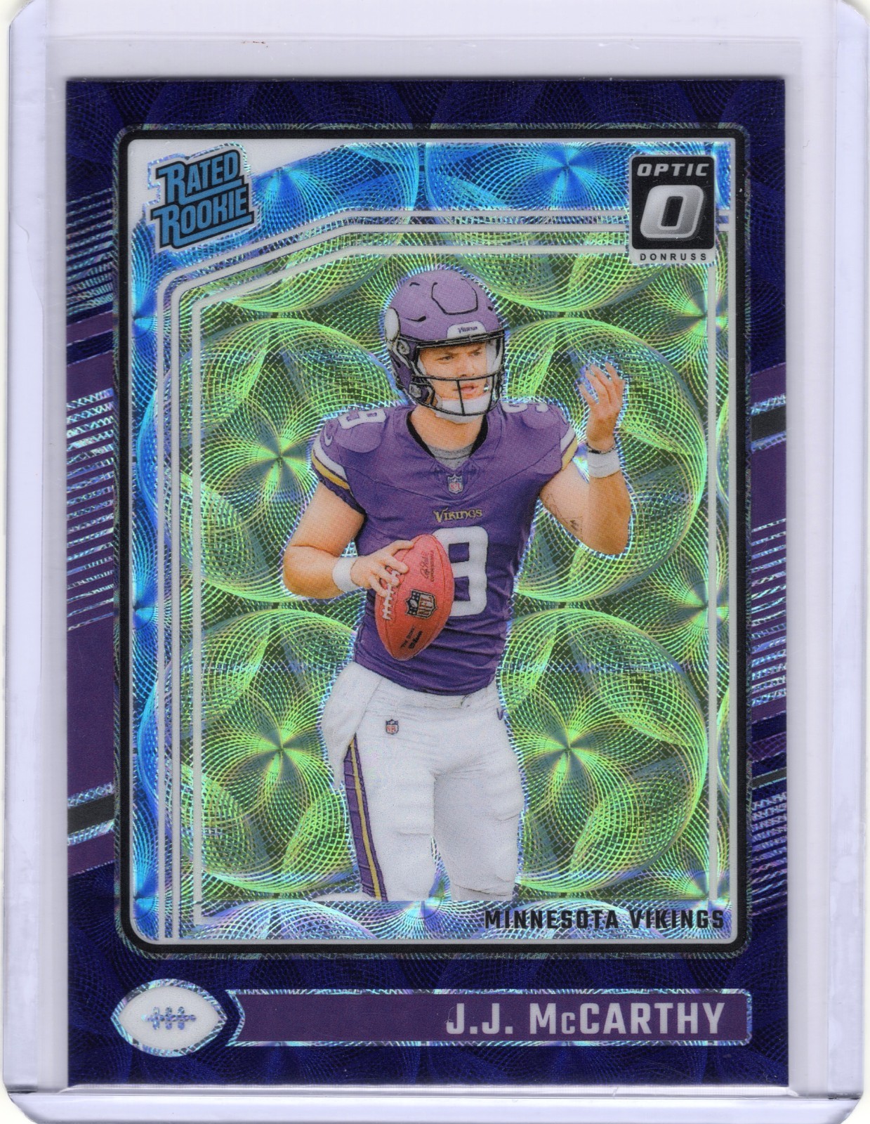 J.J. McCarthy 2024 Donruss Optic Rated Rookie Purple Scope Prizm RC #235 Vikings