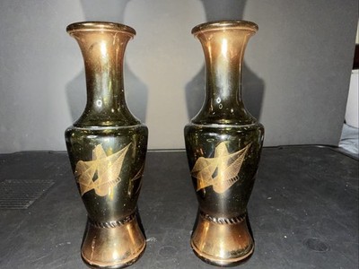 Midcentury Modern Wheaton Ware Green Smoked Glass Bud Vases Pair of 2 Gold Trim
