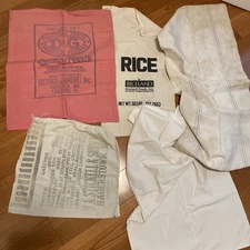 Lot of 5 Feed/Grain Sacks Mixed Materials and Sizes