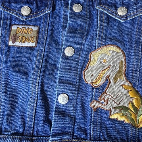 Giacca jeans dinosauro denim bambino ragazzo 3T Dino Trail applique accenti velluto a coste - Foto 7 di 8