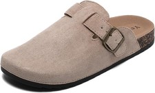 Suede Clogs Unisex Cork Footbed Slip On Mules Adjustable Buckle Arch Support