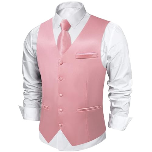 Mens Satin Suit Vest and Tie Set 8PCS Solid Waistcoat and Large Blush Pink - Picture 4 of 6