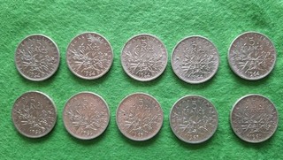 Lot de 10 piéces de 5 Francs en argent La Semeuse 1961 1964 1965 1966