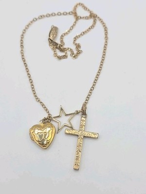 12k Gold Filled GF Cross Star Heart Locket Pendants Necklace 16'' 5.4g