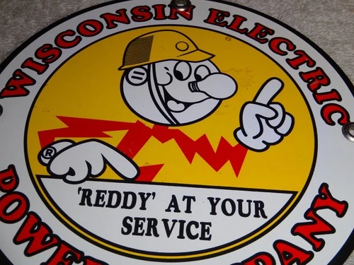 VINTAGE WISCONSIN ELECTRIC POWER COMPANY REDDY KILOWATT 6" PORCELAIN METAL SIGN!