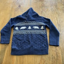 Children  s Place Boys Sz 5 Bears and Pine Tree Knitted Blue Sweater with Collar