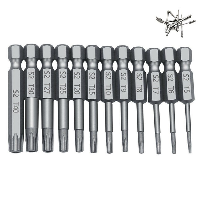 Hex Torx Head T5T40 Screw Driver Set Bits 50mm 1/4 inch 12Pcs