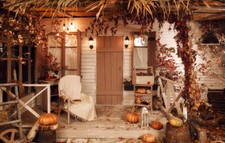 10x8ft Wooden Porch Autumn Courtyard Pumpkin Photo Background Vinyl Backdrop LB